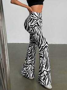 SHEIN Unity Women's Zebra Print V-Waist Flare Pants Fall Cloth For Women - Black and White - View 6