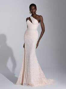 Elitara Vestido de cena formal, vestido de fiesta, vestido de noche, para evento de boda de invitado, elegante y hermoso con escote asimétrico de encaje con lentejuelas rosado, plisado, con abertura lateral alta y cola de pez - Rosa Pálido - Ver 7
