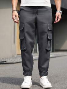 Manfinity Homme 男士大尺碼純色簡約休閒長褲，適合夏季與秋季，深灰色，街頭風登山褲 - 深灰色 - 查看 4