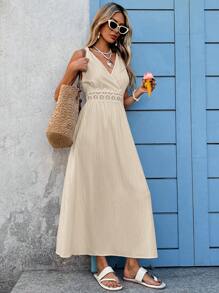 SHEIN VCAY Women's Solid Color Waist Spliced Lace Sleeveless Elegant Dress, Suitable For Vacation,Bohemia - Apricot - View 4