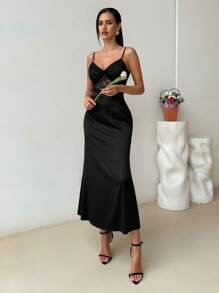 SHEIN VCAY Vestido de verano para mujer con cuello en V, empalmado de encaje en la cintura y línea A, atuendo para asistir a la boda, la tarde de té o el regreso a la escuela