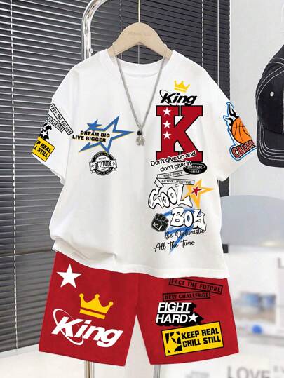SHEIN 2pcs Tween Boy Casual Stylish Uppercase "K" King Text, Basketball Graphic Print Short Sleeve Crew Neck Outfit For Summer