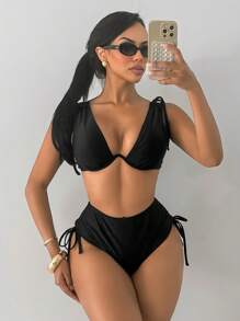 Swim SXY 2pcs Women Knitted Solid Color Black Thick Strap Push Up Bikini Top And High Waisted Drawstring Swimwear Bottom