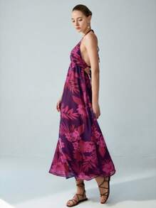 SHEIN Privé Island Coconut Tree Chiffon Print Sleeveless V-Neck Dress, Summer - Multicolor - View 6
