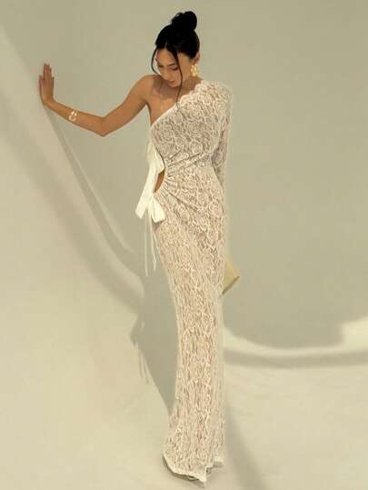 Aloruh New Style Romantic Lace Butterfly Decor Sexy Asymmetric Shoulder Long Sleeve Extra Long Maxi Elegant Dress,Rave Outfits Festival