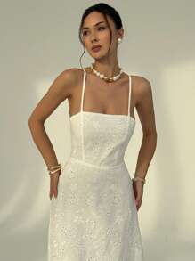 Aloruh New Arrival Pure White Backless Spaghetti Strap Embroidered Flowy Long Dress, Slim Fit Vacation/Beach Party Dress, Spring/Summer - White - View 3