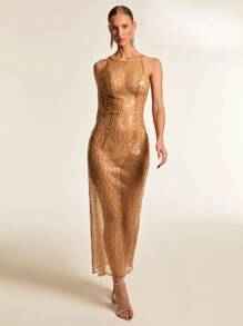 Glamine Damen sexy Sommerkleid, durchsichtiges Paillettenkleid, Damen Resort Strandurlaub Outfit, Hochzeitssaison Kleid - Khaki - Übersicht 3