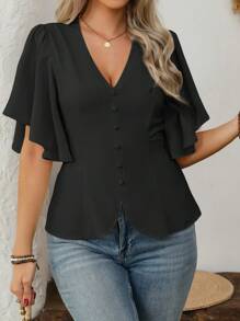 Vionelle 大码女式优雅法式时尚通勤休闲度假 V 领纽扣装饰腰部喇叭袖短袖衬衫，春夏 - 黑色 - 查看 4