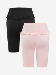 Conjunto de pantalón y camiseta para niñas preadolescentes de unicolor con parches y volantes, en negro y rosa