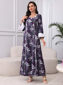 Al Najma V 领花卉印花前片撞色饰边喇叭袖阿拉伯风格连衣裙，端庄 - 紫色 - 查看 3