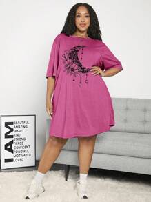 SHEIN CURVE+ Plus Size Music Festival Floral Print Drop Shoulder T-Shirt - Hot Pink - View 3