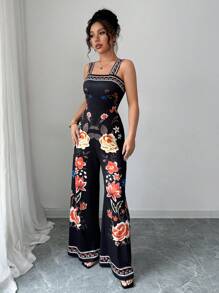 Elenzga 女士度假花卉印花阔腿连体裤 - 黑色 - 查看 5
