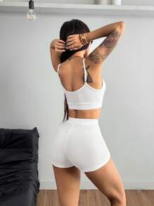 Coolane Women's Cool Street Style Ultra Cropped Tank Top And Branded Shorts Two Pieces Set - White - View 2