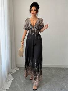 Rafferiza V-Neck Batwing Gold Printed Sexy Wide Leg Jumpsuit - Black - View 3