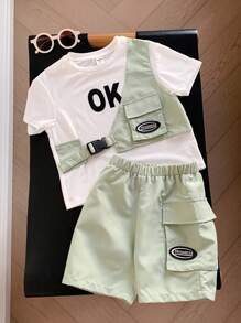 SHEIN Little Byeori 2 Pieces Set Of Young Boys Casual Sports Casual Street Fashion Cute Vacation With Letter Pattern 2 In 1 Workwear Round Neck T-Shirt And Shorts Set Suitable For Kids Outfits Young Boy Clothes Back To School Boys Set Suitable For Birthday Party, Party, Performance, Wedding, Baptism, Back To School Daily Suitable For School Suitable For Travel Suitable For Sports Suitable For Spring And Summer Season - White - View 7