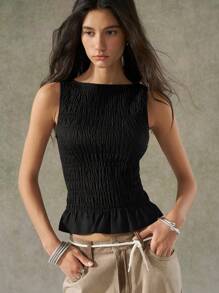 LYSMO Áo hai dây xếp ly đàn hồi phong cách Boho mới về năm 2025 dành cho nữ - màu đen - Xem 4