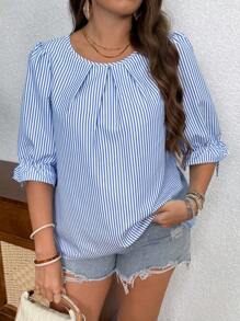 EMERY ROSE Striped Plus Size Shirt With Round Neck, Sleeve Tie, Button Back Decor