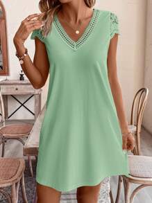 SHEIN Frenchy Solid Color Splicing Water Soluble Dante Loose Fit Rochie Rochie de vara, Rochie de soare, Boho, Rochie florala, Tinute de vara, Rochie casual, Rochie eleganta