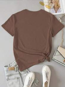 INAWLY Casual Goose & Tulip Embroidery Short Sleeve T-Shirt, Spring/Summer - Coffee Brown - View 2