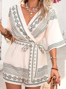 SHEIN VCAY Tutina avvolgente con scollo a V e stampa geometrica per donne taglia comode