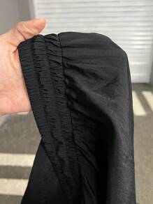 SHEIN EZwear 黑色抽绳腰部宽松休闲大码工装裤 - 黑色 - 查看 6