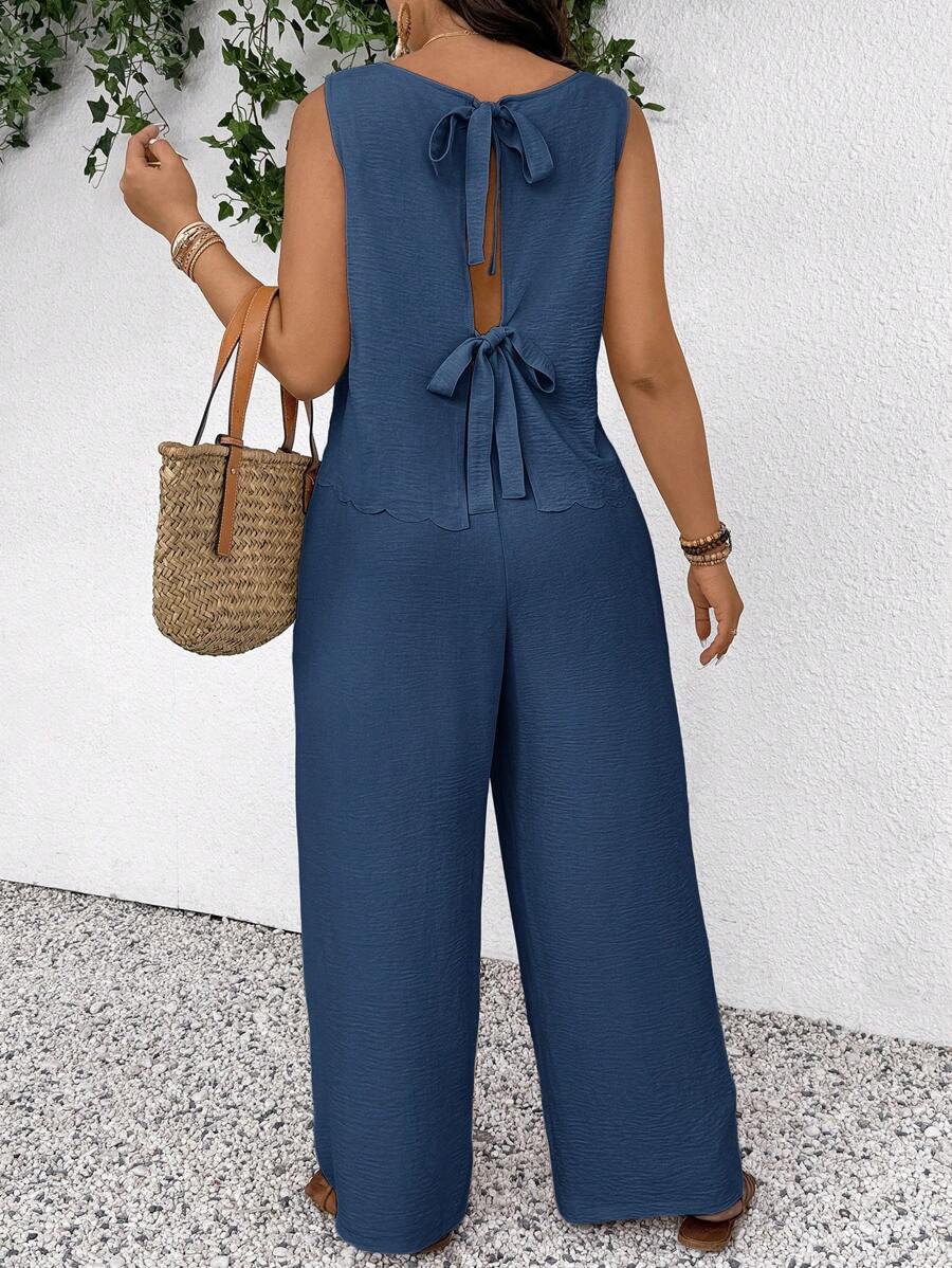 SHEIN Frenchy Plus Size Casual Textured Shell Trim Bowknot Waist Sleeveless Top And Long Pants Two Pieces Outfit - Blue - View 1