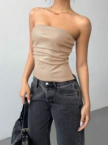 SHEIN Essnce 新年和情人节女士勃艮第皮革上衣时尚褶皱不对称下摆抹胸，适合外出和派对上衣，新年女装 - 杏色 - 查看 8