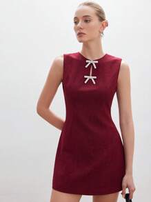 Aveloria Rosie 安格拉红色纯色优雅别致淑女法式情人节约会百搭粗花呢面料领蝴蝶结水晶装饰无袖迷你连衣裙