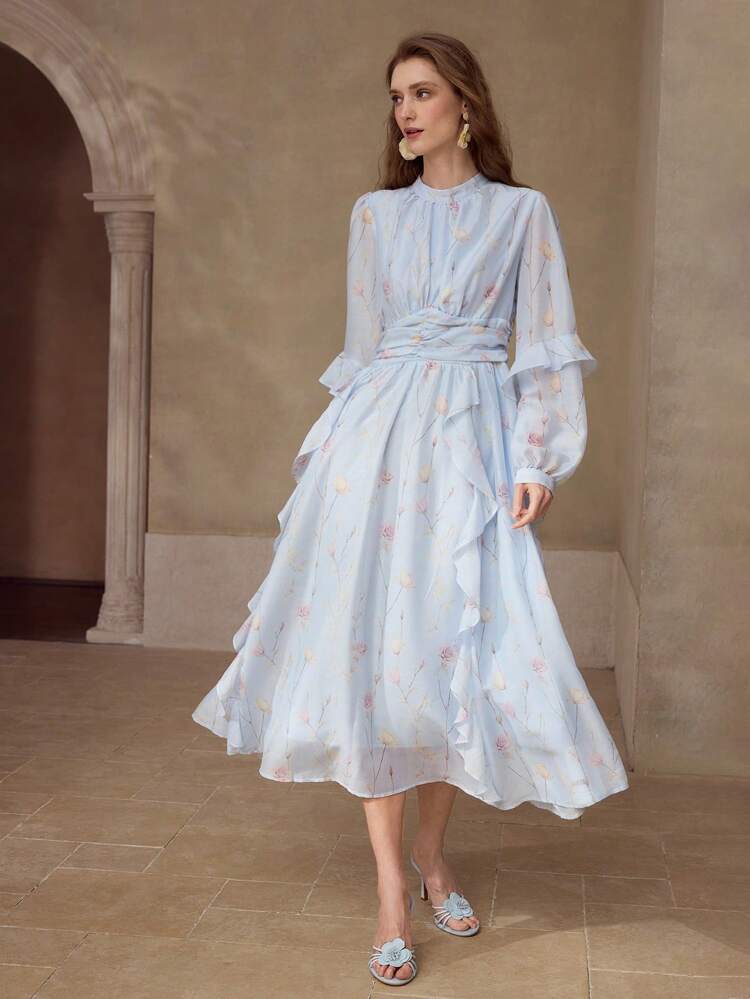 FLORAL PRINT RUFFLE LONG DRESS