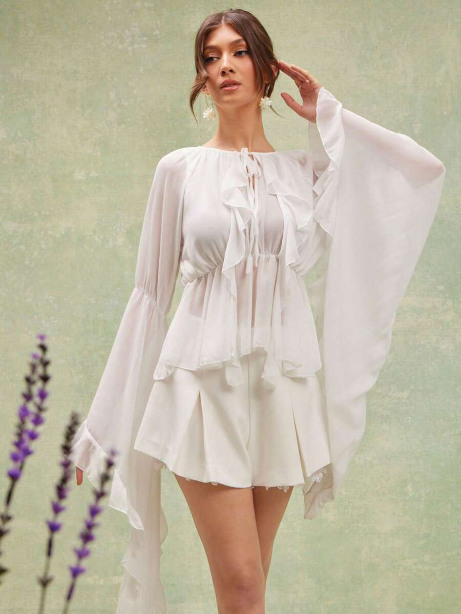 L'Amorae Sheer Maxi Sleeve Ruffle Detail Peplum Waist Top - Beige - View 1