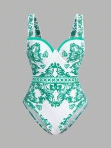 SHEIN Swim Boho Luxe Palace Print Ruffle Sleeve Premium One Piece Swimsuit Set - Mint Green - View 5