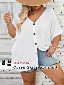 SHEIN CURVE+ Women Plus Size V-Neck Batwing Sleeve Loose Casual Blouse, Summer Top