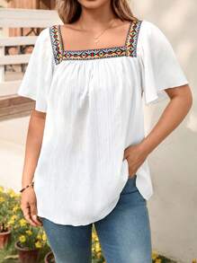 SHEIN LUNE Plus Size Women Square Neck Embroidery Tape Flowy Sleeve Retro Print Trim Blouse Top Cowgirl Summer For Graduation Spring Easter Vacation Bohemia - White - View 7