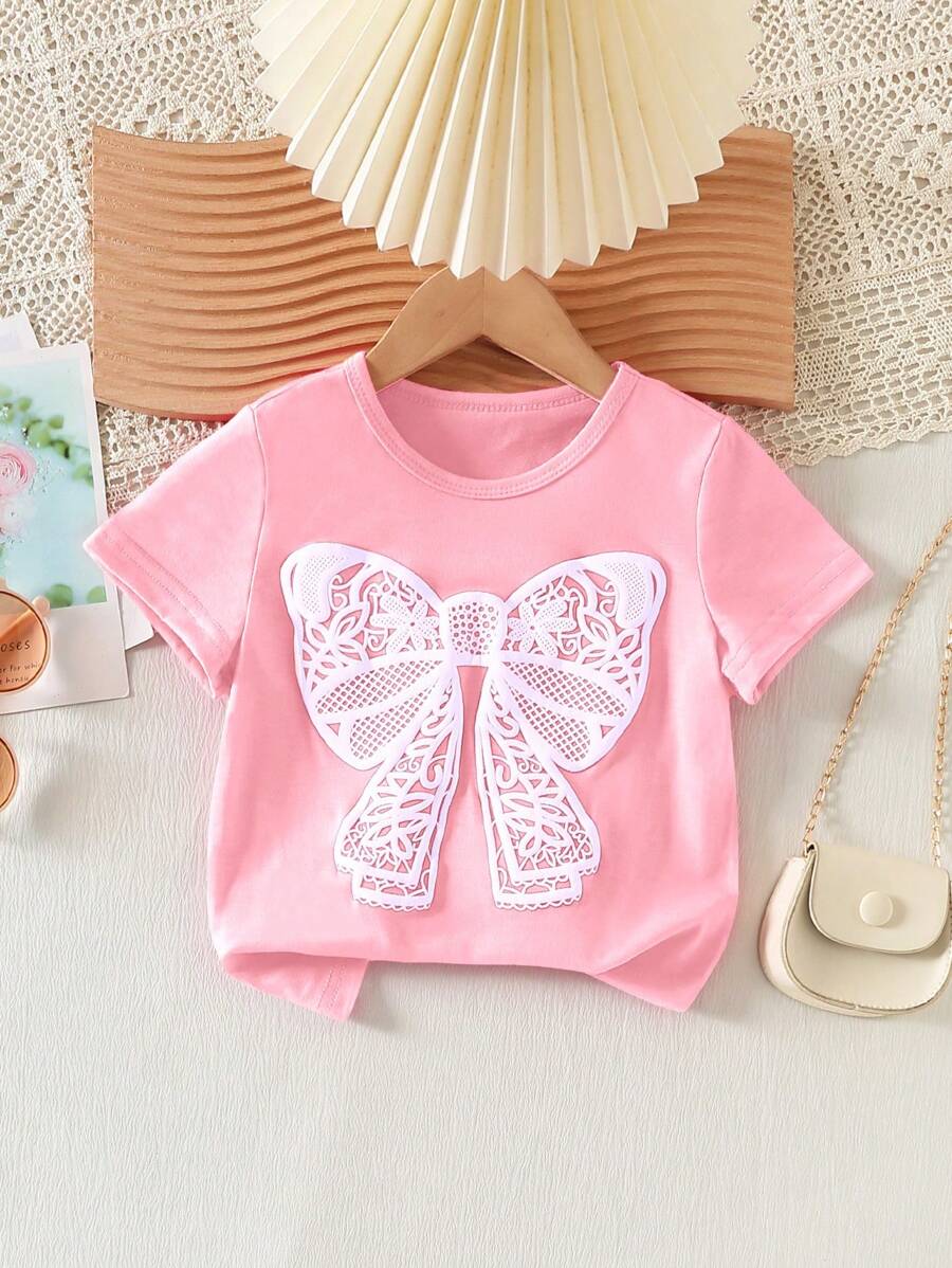 女童休闲时尚蝴蝶结印花圆领修身短袖百搭 T 恤 - 粉色 - 查看 1