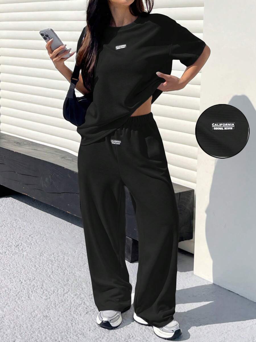 Muchica 女士棉质休闲宽松 T 恤和阔腿裤 2 件套 - 黑色 - 查看 1