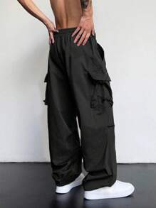 ROMWE MEN Street Life Men's Solid Color Lace-Up Pocket Simple Loose Casual Long Pants - Black - View 2