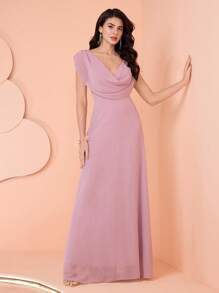 SHEIN Belle 女士优雅纯色露肩伴娘礼服（成人） - 紫色 - 查看 3