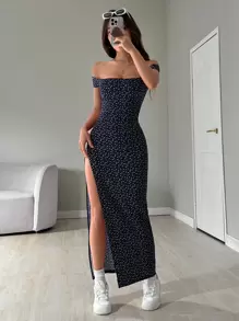 SHEIN EZwear Vestido elegante de mujer con abertura lateral, estampado de corazones y lunares, hombros descubiertos, vestido de vacaciones