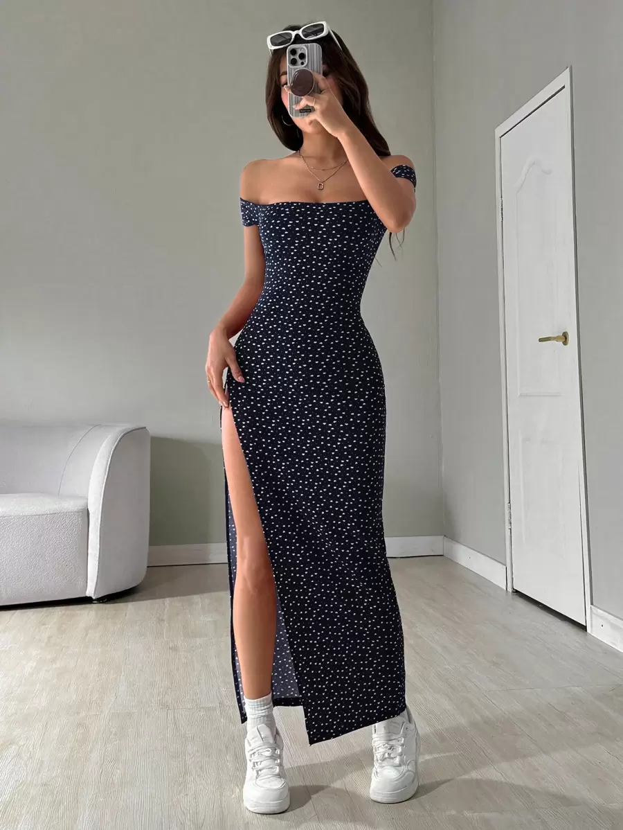 SHEIN EZwear Váy xẻ tà thanh lịch dành cho nữ có họa tiết trái tim và chấm bi, trễ vai, váy đi nghỉ - Xanh đậm - Xem 1