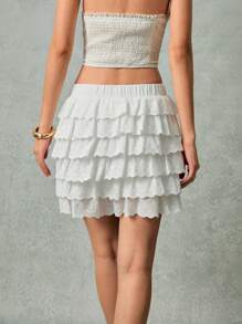 Poéselle Women Solid Color Embroidery Layered Ruffle Hem Mini Skirt - White - View 8
