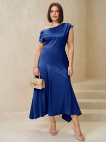 SHEIN Clasi Plus Size Women Spring Satin Asymmetric Ruffle Hem Elegant Dress,Formal Dresses For Women - Navy Blue - View 6