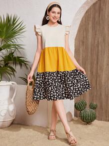 SHEIN Áo chui đầu đi nghỉ thường ngày cổ tròn mùa xuân và mùa hè cho bé gái tuổi teen có tay bồng, váy chữ A rộng rãi màu vàng kaki, váy đi biển, kỳ nghỉ bên bờ biển, váy đi nghỉ/phong cách Bohemia/Boho/quần short cho trang phục đi nghỉ hè/bãi biển - Nhiều màu - Xem 4