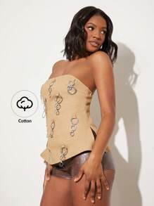 NYA SZN Top Sleeveless Metal Chain Detail Summer Zip Up Tube Event Top Music Festival Elegant Vacation Spring Break Brunch Beach Statement Valentines Day Carnival Outfits For Women - Apricot - View 4