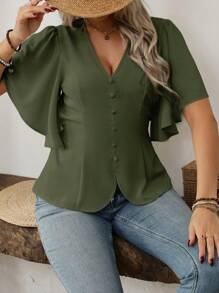 Vionelle 大码女式春夏法式精致优雅办公室休闲度假 V 领纽扣装饰腰部鱼尾喇叭袖短袖衬衫 - 軍綠色 - 查看 3