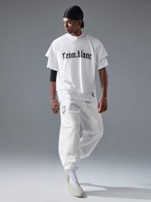 NEON BLANC Men's Streetwear Style Knitted Letter Printed Long Jogger Pants - White - View 1