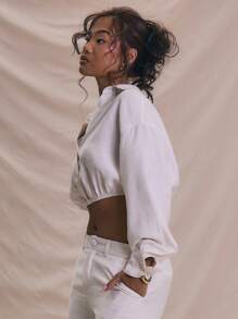 MUSERA Off-White Long Sleeve V Neck Button Up Oversized Cropped Shirt,Autumn Seksi Chic Vacation Elegant Soft Serve Beach Holiday Ibiza Back To School Fall - White - View 2