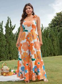 SHEIN Clasi Combinaison grande taille à imprimé floral, épaules nouées avec jambe ample, pour les vacances - Multicolore - Voir 4