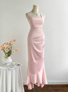 Elamini 女士优雅荷叶边美人鱼下摆挂脖连衣裙，粉色