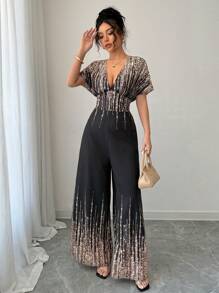 Rafferiza V-Neck Batwing Gold Printed Sexy Wide Leg Jumpsuit - Black - View 5