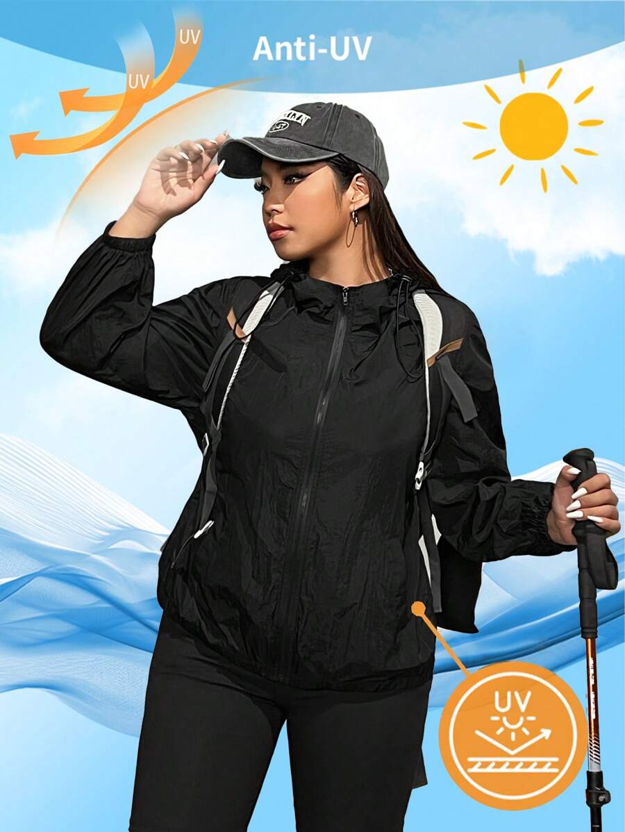 SHEIN EZwear Chaqueta con capucha y cordón de ajuste en talla grande, de estilo casual con cremallera